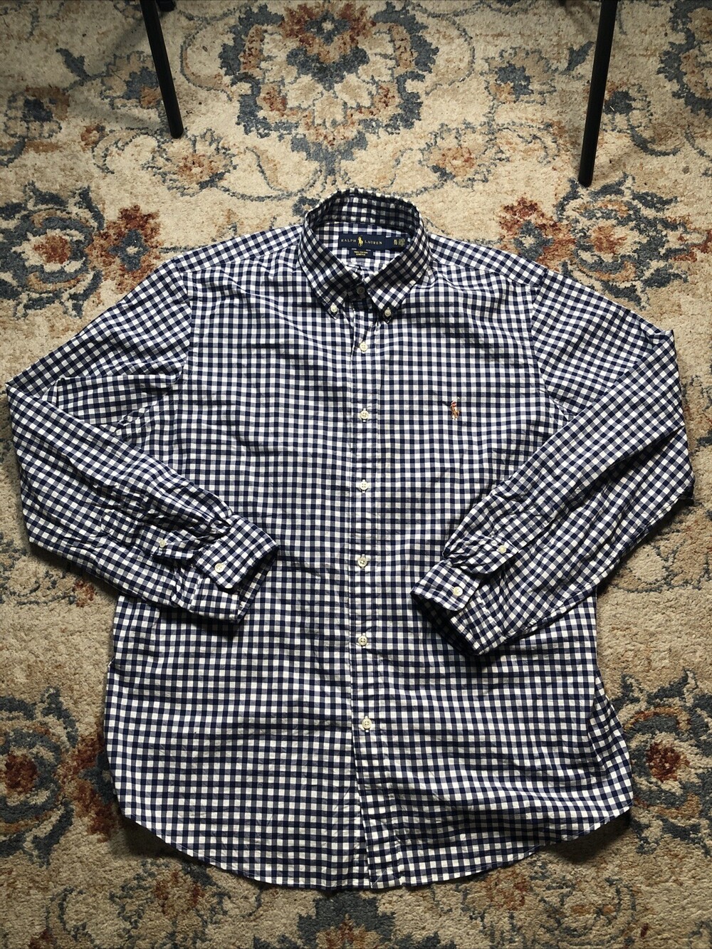 Polo Ralph Lauren Shirt XL Mens Blue Check Cotton Long Sleeve Flesh Pony Golf